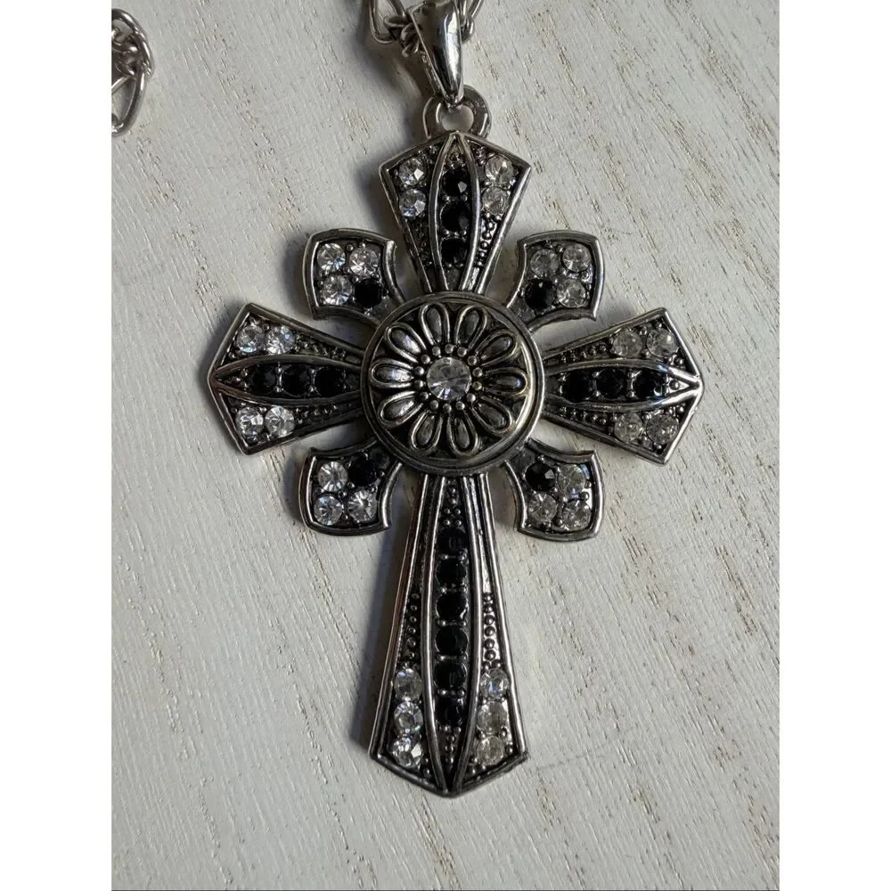 Silver Tone Rhinestone Cross Pendant Necklace Black & Clear Statement